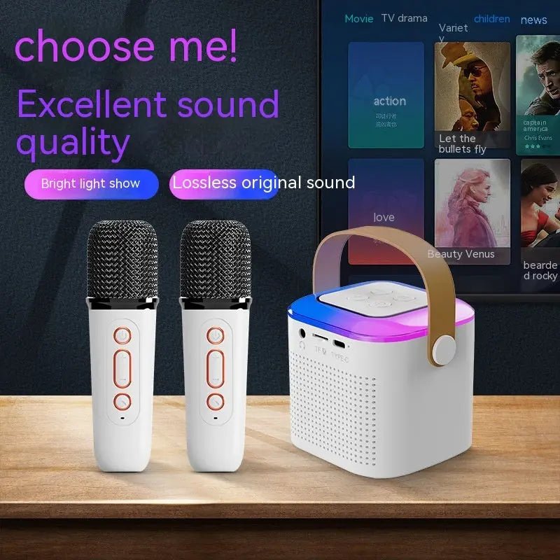 Microphone Karaoke Machine Bluetooth - compatible Speaker With 2 Wireless Mic RGB Light Home Family Singing Speaker - elektronika shop